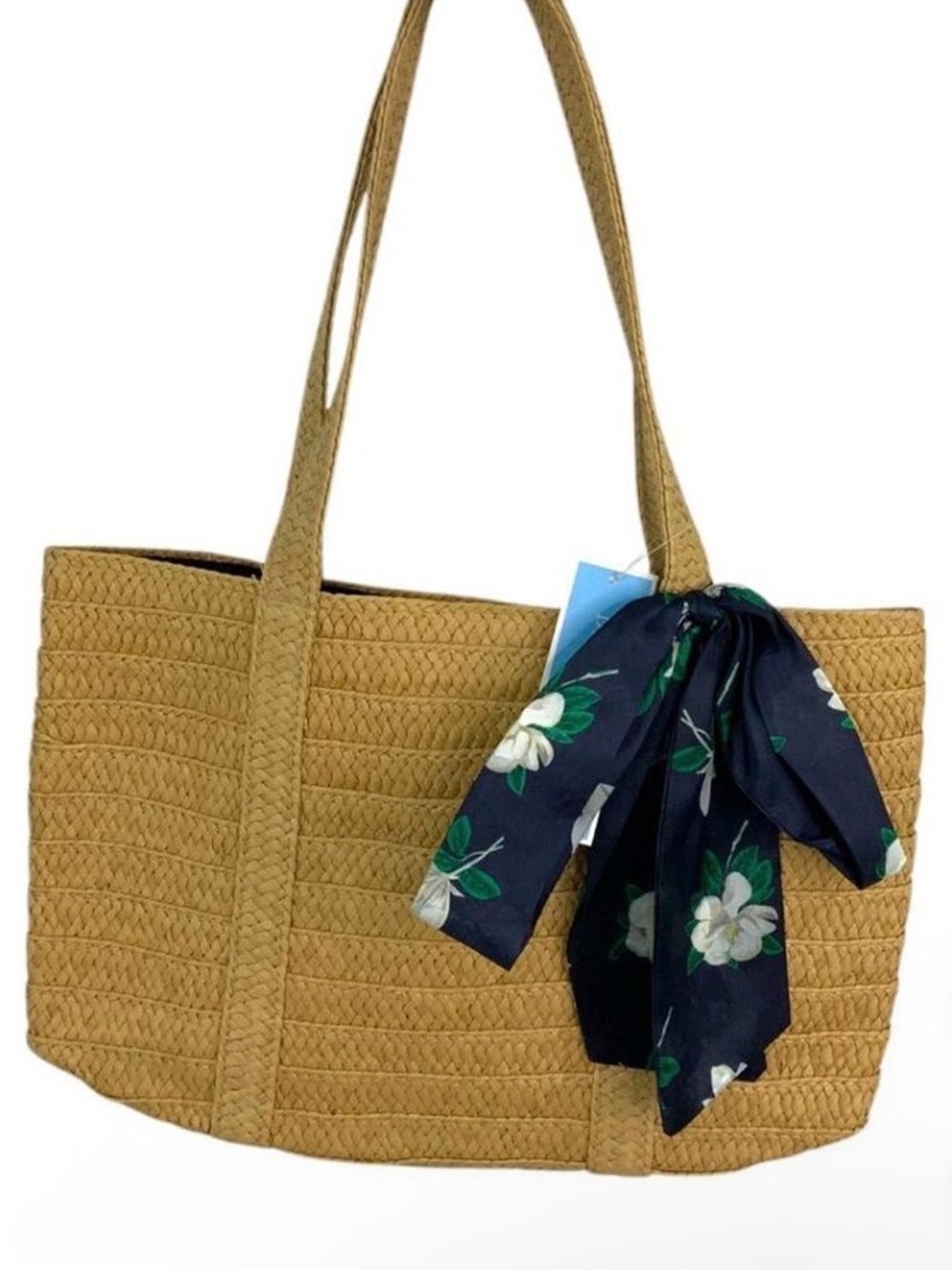 Draper James Mustard Woven Tote with Navy Floral Scarf